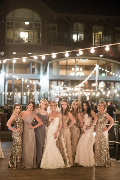 Sparkly Bridesmaids, Women Standing, Sequin Bridesmaid, Mismatched Bridesmaids, Mismatched Bridesmaid Dresses, Lake Tahoe Weddings, Tahoe Wedding, Bridesmaids And Groomsmen, Long Bridesmaid Dresses