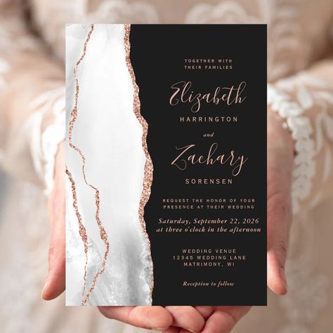 Modern Gray Rose Gold Agate Slate Black Wedding Invitation | Zazzle Watercolor Agate, Black Wedding Invitation, Elegant Modern Wedding, Afternoon Wedding, Modern Wedding Invitation, Black Wedding Invitations, Dark Wedding, White Watercolor, Grey Roses