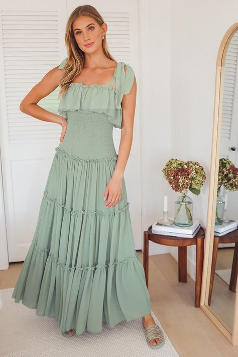 Sage Green Maxi Dress - Tiered Maxi Dress - Cute Tie-Strap Dress #ad #Maxi, #Ad, #Dress, #Sage, #Green Lulus Sage Green Dress, Quince Outfits, Sage Green Maxi Dress, Blue Lace Maxi Dress, Lulus Maxi Dress, Sage Green Dress, Sage Green Bridesmaid Dress, Green Maxi Dress, Dress Sage