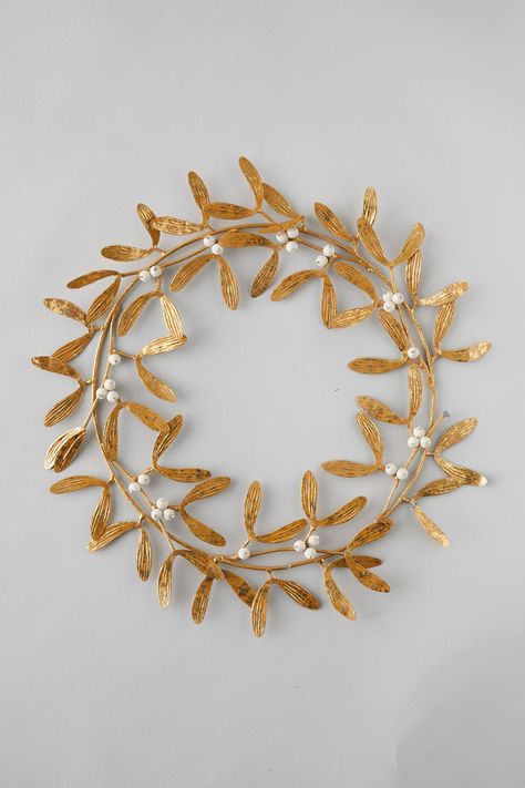 Antiqued Gold Metal Mistletoe Wreath | Anthropologie Gold Metal Wreath, Mistletoe Wreath, Unique Holiday Decor, Christmas Holiday Decor, Metal Wreath, Christmas Mood, Metal Crafts, Gold Christmas, Holiday Decor Christmas