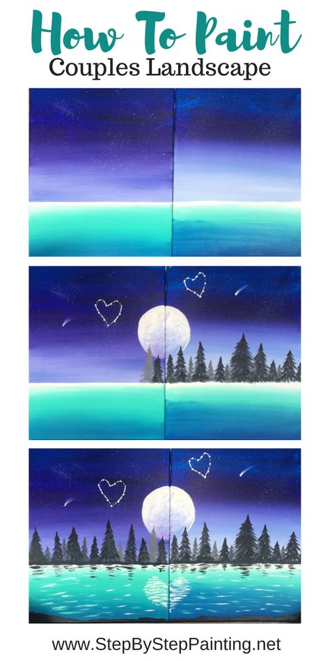 Couples Painting - Step By Step Tutorial - Free Online Diy Paint Tutorials Step By Step, Paint Night Couples Date Ideas, Acrylic Painting For Couples, Cute Date Painting Ideas, Step By Step Painting For Couples, Things To Paint For Couples, Couple Paintings Together, Couples Painting Date Night, Couples Painting Tutorial