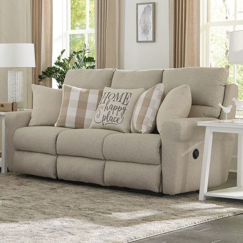 Couch And Recliner Layout, Reclining Sofa Living Room Layout, Recliner Sofa Living Room Decor, Reclining Sofa Living Room, Farmhouse Living Room Furniture, White Couches, Power Reclining Sofa, Sofa Styling, Livingroom Layout