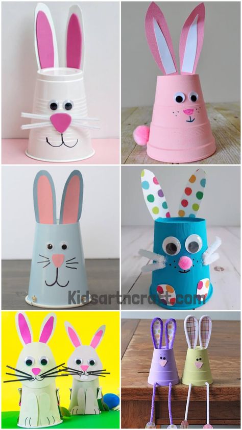 Rabbit Paper Cup Craft Ideas Plastic Cup Arts And Crafts, Arts And Crafts For Kids Easter, Paper Cup Bunny Craft, Paper Cup Bunny, Bunny Cup Craft, Crafts Using Paper Cups, Paper Cup Art And Craft, Diy Plastic Cups, Craft From Paper Cup