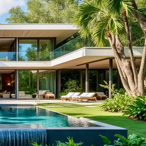 Embracing the tropical essence of Coconut Grove, this modern family home features striking concrete roofs, expansive glass walls, and a stunning pool with a cascading waterfall. Designed to seamlessly blend indoor and outdoor living, this residence is a perfect retreat in the heart of Miami’s lush landscape. #ModernArchitecture #TropicalDesign #CoconutGrove #LuxuryLiving #FernandezArchitecture #MiamiHomes #ConcreteDesign #GlassArchitecture #PoolDesign Modern Family, Modern Family Home, Lush Landscape, Cascading Waterfall, Coconut Grove, Glass Walls, In The Heart, Family Home, Lush