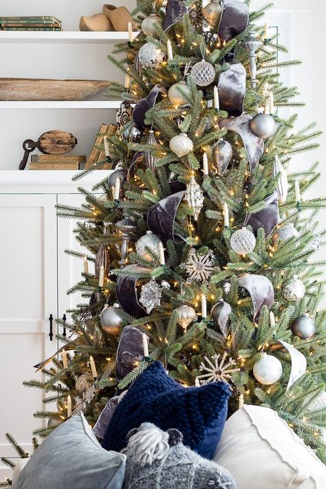 Silver and grey classic christmas tree Grey And Red Christmas Tree, Velvet On Christmas Tree, Velvet Christmas Tree Decor, Grey And Blue Christmas Tree, Blue Red And Gold Christmas Tree, Blue Velvet Christmas Tree, Christmas Tree With Velvet Ribbon, Christmas Tree Velvet Ribbon, Velvet Ribbon On Christmas Tree