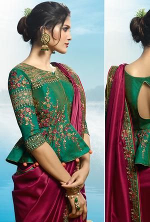 Green Blouse Designs Peplum Blouse Indian Saree, डिजाइनर कपड़े, Long Blouse Designs, Latest Blouse Designs Pattern, Blouse Designs Catalogue, Party Kleidung, Sari Blouse Designs, Blouse Designs Indian, Silk Saree Blouse Designs