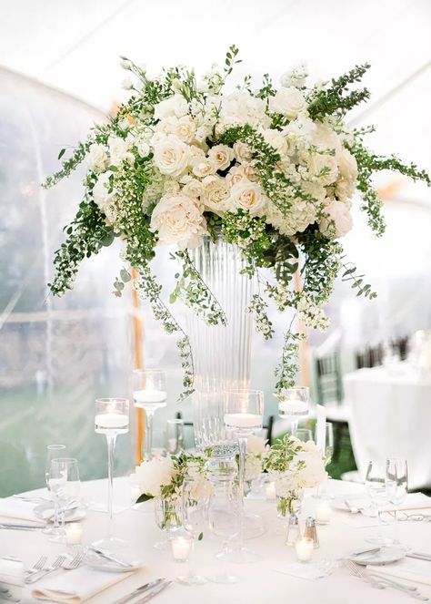 Wedding Centerpieces Elegant Tall, Wedding Flower Centerpieces Tall, Tall Flower Centerpieces, Tall Flower Arrangements, Tall Wedding Centerpieces, White Centerpiece, Wedding Floral Centerpieces, Tall Centerpieces, Floral Event Design