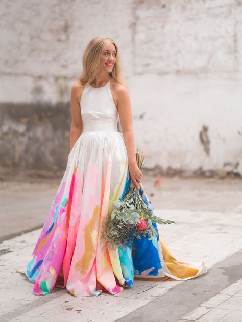 Our Favorite Wedding Dresses with a Pop of Color! - Green Wedding Shoes Hand Painted Wedding Dress, Painted Wedding Dress, Rainbow Wedding Dress, Sukienki Maksi, Green Wedding Dresses, Fashion Formal, Hand Painted Wedding, Rainbow Wedding, Satin Wedding Dress