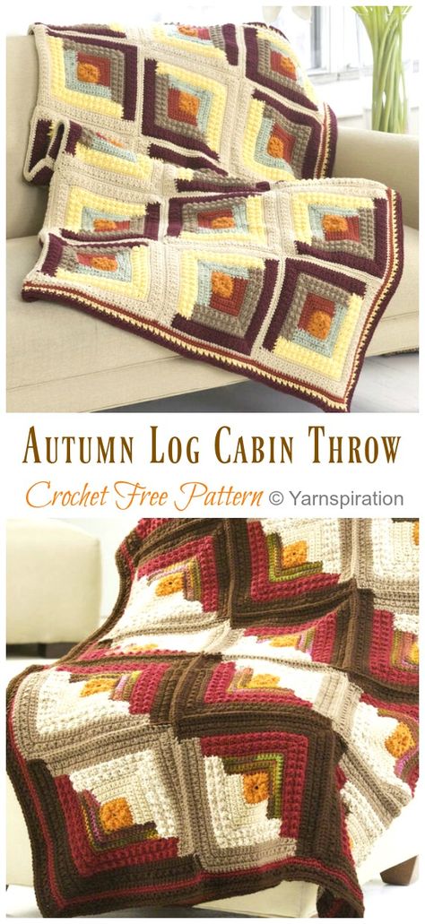 Couture, Log Cabin Knitted Blankets, Log Cabin Blanket Crochet, Log Cabin Crochet Blanket Pattern Free, Log Cabin Crochet Pattern Afghans, Autumn Log Cabin, Crochet Log Cabin Afghan Pattern Free, Fall Blanket Crochet Patterns Free, Crochet Cabin Blanket