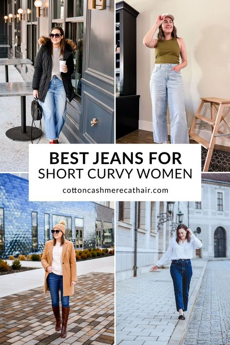 Looking for the best jean styles for short curvy women? Petite style blogger Kimi of Cotton Cashmere Cat Hair rounded up the best jeans for curvy petite ladies and shared a few outfit ideas to help you style your new jeans! Best Jeans For Curvy Girls, Best Jeans For Short And Curvy, Best Style Jeans For Short Women, Mom Jeans For Short Curvy Women, Midsize Women Outfits Summer, Best Boyfriend Jeans For Women, Best Straight Leg Jeans For Curvy Women, Straight Jeans For Curvy Women, Petite Medium Size Outfit