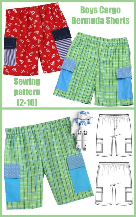 Boys Cargo Bermuda Shorts sewing pattern (2-10). Your little one will look smart in these trendy Cargo Bermuda shorts. The shorts come in two lengths, above and below the knee, and feature a faux fly, side cargo pockets and a comfortable elastic waist. These shorts are perfect unisex shorts being great for both boys and girls. The sewing pattern is multi-sized and comes in children's sizes 2 to 10. #SewModernKids Couture, Toddler Shorts Pattern, Boy Shorts Pattern, Pants Pattern Free, Boys Clothes Patterns, Shorts Pattern Free, Cargo Bermuda Shorts, Kids Sweater Pattern, Toddler Sewing Patterns
