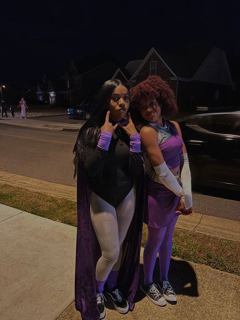 Star Fire And Black Fire Costume, Starfire And Raven Matching Outfits, Black Fire Costume, Raven And Starfire Halloween Costumes, Raven And Starfire Costume, Blackfire Costume, Starfire Halloween Costume, Raven Halloween Costume, Bsf Stuff