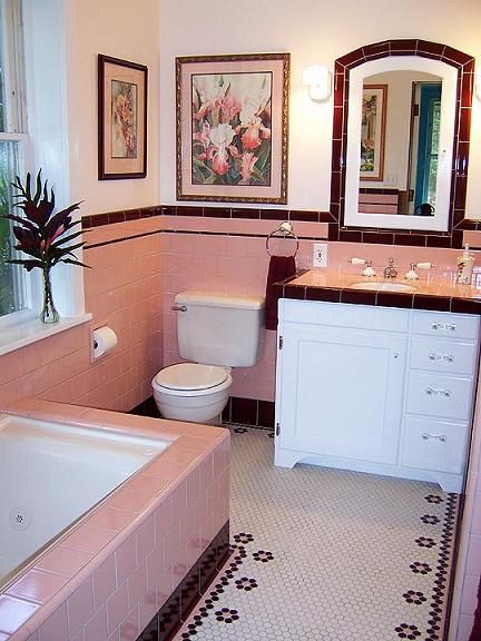 Classic Bathroom Tile, Pink Tile Bathroom, Pink Bathroom Tiles, Black Tile Bathrooms, Retro Pink Bathroom, Vintage Pink Bathroom, Pink Tile, Vintage Bathroom Tile, Dark Blush