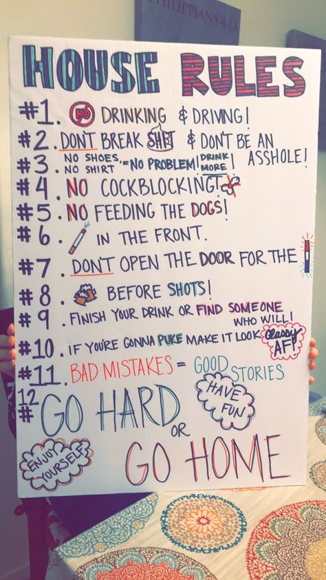 Halloween House Party Activities, House Party Rules Poster, House Party Inspo Decoration, Frat Birthday Party, 18th Birthday Party Ideas Airbnb, 21st Birthday Ideas Party Themes, Party Rules Poster Drinking, Apartment With Friends Ideas, 18th House Party Ideas