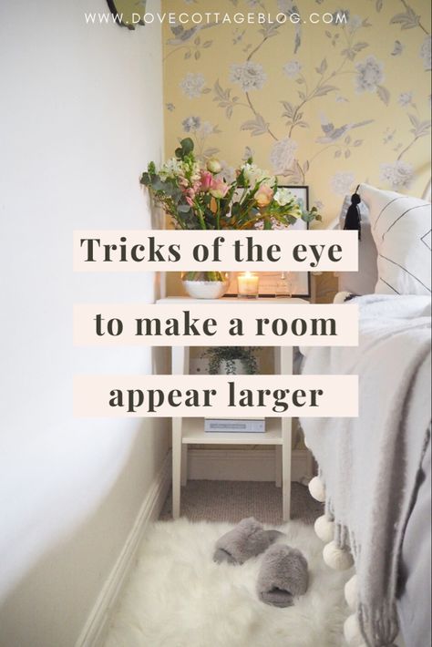 Clever ways to make a small home look bigger, and tricks of the eye to make a room appear larger. From styling furniture in a clever way to change the look of a room, to decluttering tips and styling a shelf with negative space. How to make a small house look larger #homedecorideas #interiordecor #smallbedroom Very Small Room Decor, How To Arrange A Single Room House, How To Change Your Room, How To Make A Room Brighter, Wallpaper For Small Room, How To Make A Small House Feel Bigger, Small Bedroom Styling, Make Small Bedroom Look Larger, Make A Small Room Look Bigger