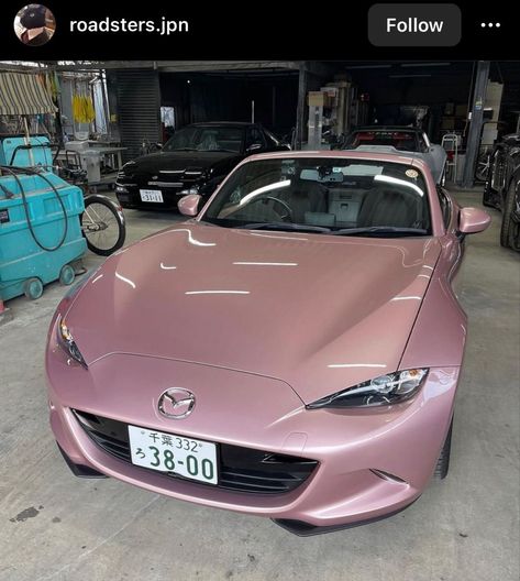 Pastel Car Aesthetic, Hot Pink Convertible Car, Cute Cheap Cars, Light Pink Car Wrap, Pink Mazda, Y2k Cars, Pink Miata, Car Couple Aesthetic, Wrapped Cars