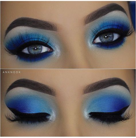 Blue Eyeshadow With Red Lipstick, Blue Shirt Makeup Look, Blue Fire Makeup, Bright Blue Eye Makeup, Blue Eyeshadow And Red Lipstick, Makeup Looks Royal Blue, Blue Inspired Makeup, Blue Blood Palette Looks, Red And Blue Makeup Looks