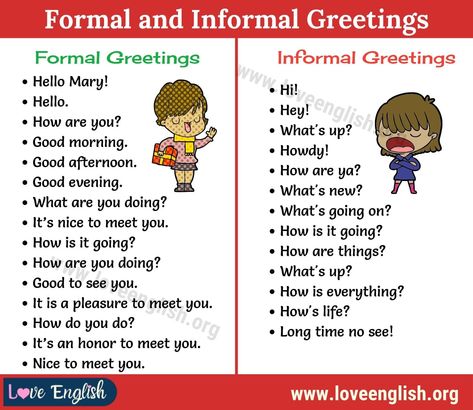 Greetings: 28 Useful Formal and Informal Greetings in English - Love English Greeting People In English, Formal Introduction In English, Formal Greetings In English, Greetings And Introductions In English, Greeting English Lesson, Formal Conversation In English, Formal Informal English, Formal And Informal Words In English, Greetings Words