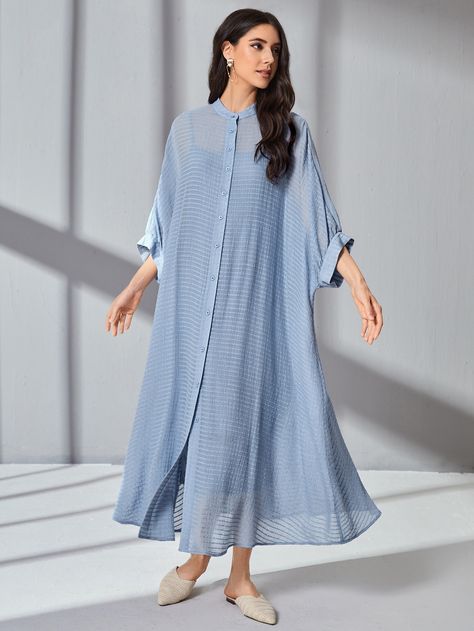 Dusty Blue Casual Collar Three Quarter Length Sleeve Viscose Plain Shirt Embellished Non-Stretch  Women Dresses Design Kurta, Style Bleu, Kaftan Designs, Clothing Model, Pakistani Fashion Casual, Long Kurti Designs, Designer Kurtis, Plain Shirt, Designer Dresses Casual