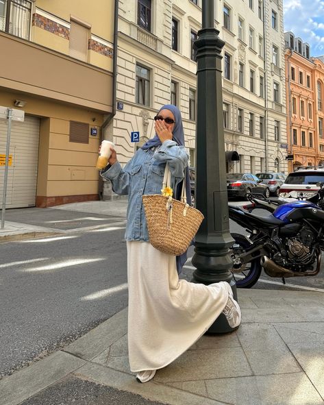 fav blue and white combo☁️🪞🤍🪽🐚🌊 summer outfit, Pinterest summer girl, white skirt, jeans shirt, modest fashion, hijabi, Pinterest style, aesthetic summer girl, modesty, basket bag, summer vibes, modesty, maxi skirt Modest White Skirt Outfit, Modest Dress Summer, Muslim Girl Outfits Modest Fashion, White Skirt Outfits Summer, Modest Outfit Inspo Summer, Summer Fits Modest, Maxi Dress Aesthetic, Modest Skirt Outfits, Aesthetic Modest Outfits