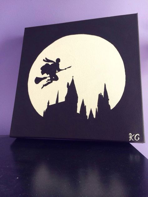 Black Canvas Drawing, Easy Harry Potter Painting, Harry Potter Painting Ideas On Canvas, Harry Potter Painting Ideas, Harry Potter Canvas Art, Hogwarts Silhouette, Harry Potter Silhouette, Harry Potter Canvas, Mini Tela