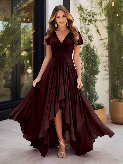 Satin Hoco Dress, High Low Chiffon Dress, Short Sleeves Dress, Stretch Satin Dress, Dusty Rose Dress, Chiffon Dresses, Corset Back, Dress Dusty, Stunning Gowns