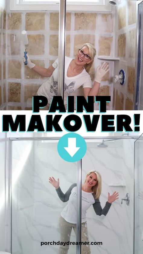 The best paint to use for painting shower tiles. How to paint a shower in 5 easy steps so it's peel proof! How To Paint Bathroom Wall Tile, Paint Shower Insert, Painting Shower Tiles Diy, Diy Painted Tiles Bathroom, How To Paint Faux Marble On Tile, How To Paint Shower Tiles, Diy Paint Shower Tile, Shower Tile Refinishing, Painting A Bathroom Floor