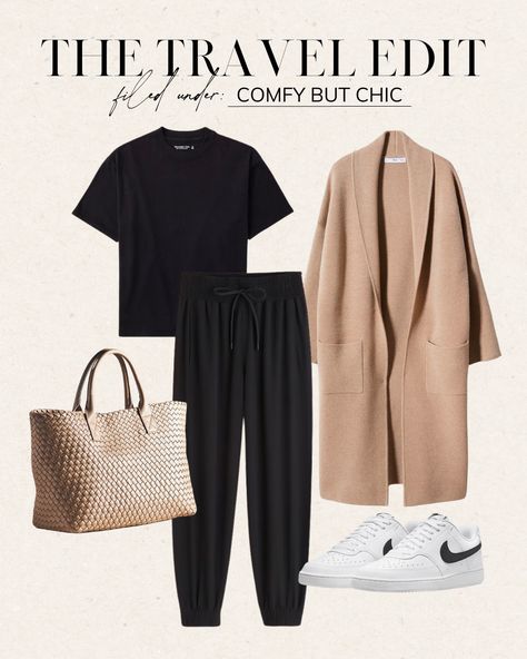 Airport Outfit New Balance, Family Travel Outfit, Comfy Chic Travel Outfit, Work Outfit With Joggers, Travel Outfit Long Haul, Black Jogger Travel Outfit, 4 Day Travel Outfits, Simple Travel Outfits Casual, Sport Classic Style Outfit