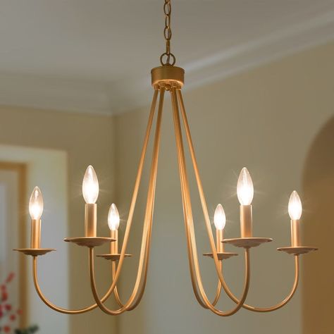 The gentle curves of 6-light bring a graceful airiness to contemporary rooms. The lighting fixture body is finished in gold, subjoining the elegant charm to space. Mid Century Modern Gold Chandelier, Modern Gold Chandelier, Dinning Room Lighting, Candlestick Chandelier, Gold Light Fixture, Gold Dining, Dining Chandelier, Luxurious Interior, Island Dining