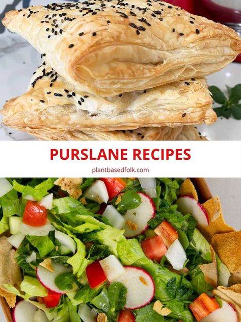 puff pastry pockets and salad Pie, Purslane Plant Recipes, Purslane Recipes, Purslane Recipe, Wild Food Foraging, Vegetable Medley, Vegan Lunch Recipes, Recipes Delicious, Lebanese Recipes