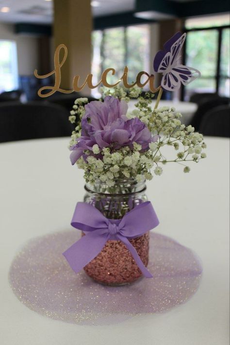 Purple And Gold Butterfly Centerpieces, Butterfly 1st Birthday Decorations, Baby Shower Centerpieces Purple, Lavander Decoration Party, Rose And Butterfly Centerpieces, Butterfly Themed Birthday Party Centerpieces, Butterfly Purple Party, Centerpiece With Butterflies, Pink And Purple Butterfly Centerpieces