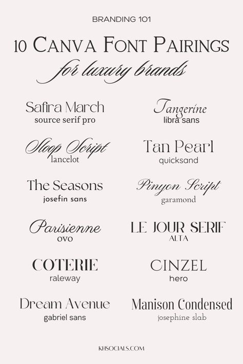 10 Elegant (FREE) Canva Font Combinations for Luxury Brands. Discover the top 10 free Canva font pairings for your luxury branding or design project! Dive into our selection of beautiful Canva font combinations for logos, lettering, web design projects, calligraphy font, and more. These free Canva font combos are perfectly chosen to elevate your luxury brand Handwritten Canva Fonts, Canva Luxury Fonts, Canva Font Combinations Free, Font Combos Canva, Canva Fonts For Logo, Free Canva Font Combinations, Font Combinations Canva, Canva Font Combos, Canva Fonts Combinations