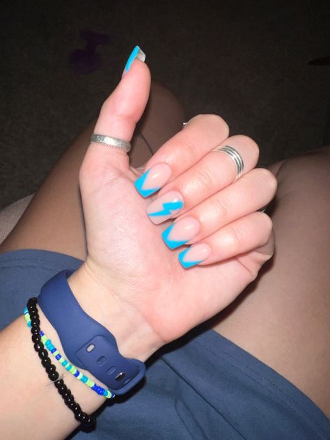 Blue Lightning Bolt Nails, Western Nails Lighting Bolt, Western Lightning Bolt Nails, French Tip Western Nails, Light Blue Western Nails, Western Nails French Tip, Western French Tips, Western Teal Nails, Yallternative Nails