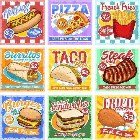 Food Posters, Food Poster Illustration, Pizza Burritos, Vintage Fast Food, Fast Food Poster, Chicken French, Vintage Food Posters, Taco Burger, Mexican Street Food