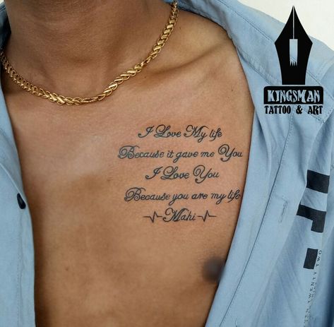 Chest Tattoo Men Ideas Small Words, Quote Tattoos For Men Chest, Guy Quote Tattoos, Rib Tattoo Quotes Men, Chest Tattoo Words Men, Script Chest Tattoo Men, Tattoo On The Chest For Men, Men’s Tattoo Quotes, Quote Chest Tattoos For Men