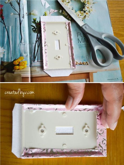 diy decorative switch plates outlet covers, crafts, decoupage How To Decorate Light Switch Plates, How To Paint Switch Plate Covers, Decorative Outlet Covers, Decorative Switch Plate Covers, Outlet Covers Ideas, Diy Outlet Covers, Outlet Covers Diy, Craft Room Lighting, Light Switch Covers Diy