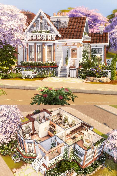 Cottage Layout, Cute Small Houses, Sims 4 Houses Layout, Sims 4 Cottage, Cottage Floor Plan, Lotes The Sims 4, Small House Exterior, The Sims 4 Lots, Small House Layout