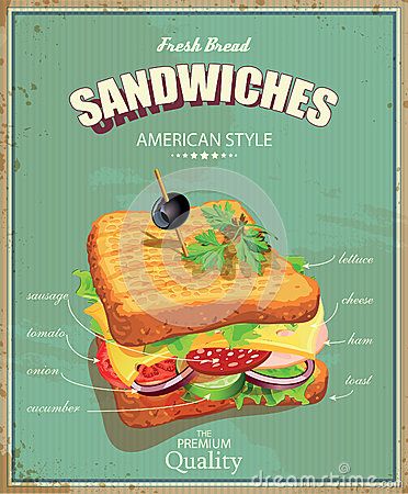 Sandwich Poster in vintage style. Sandwich Poster, Vintage Food Posters, Quotes Food, Diner Sign, Food Recipes Easy, Poster Food, Poster Vintage Retro, Retro Cafe, Ingredient Labels