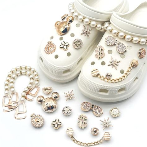 PRICES MAY VARY. 【Jewels Bling Shoe Decoration Package】The gold shoe accessories combines fashion elements, Including 14 exquisite shoe decorations, 2 pearl long shoe chains, 1 gold short chain，1 adorable bears，2 snowflakes with rhinestones, 1 heart with rhinestones, 1 pair of glasses, 1 dollar element, 1 round accessory covered with pearls and rhinestones, and 4 different small gold accessories with rhinestone. 【Premium Shoe Charm for Girls 】These glitter charms are made of plastic and alloy, w Crocs With Charms, Chain Shoes, Gold Shoe, Shoes Decoration, Jewelry Butterfly, Shoe Decoration, Clogs Style, Diy Rhinestone, Clog Shoes