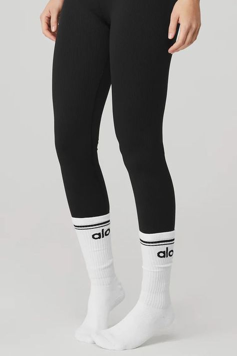 Socks & Slides Nike Socks Over Leggings Outfit, Barre Outfit, Leggings With Socks, Black Gym Outfit, Barre Clothes, Barre Socks, Socks And Slides, Cute Nike Outfits, In The Zone