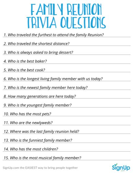 Family Reunion Game: Printable Trivia Questions for Families | SignUp.com Family Reunion Jeopardy, Family Jeopardy, Family Quiz Questions, Questions For Family, Family Trivia Questions, Question Games, Family Reunion Activities, Birthday Quiz, Family Quiz