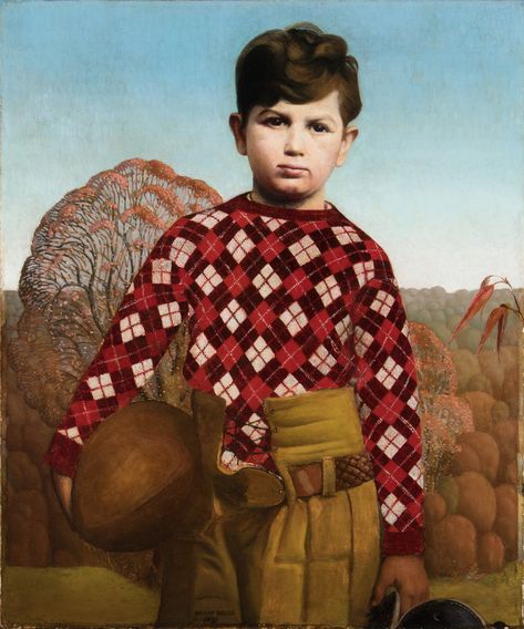 Grant Wood (1891–1942), Plaid Sweater, 1931. Oil on composition board, 29 1⁄2 x 24 1⁄8 in. (74.9 x 61.3 cm). University of Iowa Museum of Art, Iowa City Grant Wood Paintings, Composition Board, Artist Grants, Mural Paintings, Grant Wood, Oil Art, Paintings Famous, Magic Realism, American Gothic