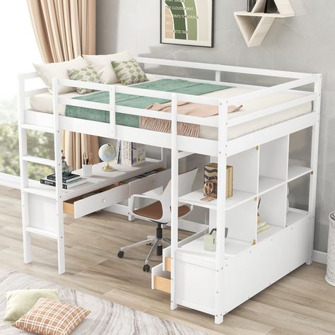 PRICES MAY VARY. 【Full Loft Bed with Desk】: The full loft bed comes with a desk, bookshelf and drawers, perfect for children's bedrooms where space is limited. The orientation of the drawers can be freely adjusted according to the layout of the space. It is a multifunctional loft bed. 【Loft Bed with Drawers】: The wooden loft bed has both a comfortable sleeping space and ample storage space. Children can study or play under the bed at will. The required books or toys can be stored neatly, keeping Bed With Desk Underneath, Shelves And Desk, Full Size Loft Bed, Full Size Loft, Cabinets Shelves, Loft Bed Frame, Shelves And Drawers, Bed With Desk, White Loft