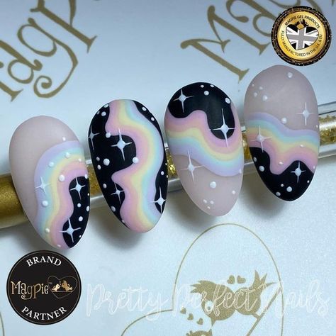 Pastel Groovy Nails, Simple Pride Nail Ideas, Dark Witchy Nails, Kawaii Goth Nails, Cat Gel Nails, Cute Pastel Nails, Pastel Nail Design, Pokemon Nail Art, Pastel Rainbow Nails