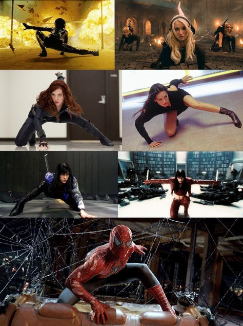 strong women in action movies....oh I didn't see you there spiderman opps! Landing Reference Pose, Investigating Pose Reference, Woman Hero Pose, Super Hero Landing Pose, Hero Landing Pose, Landing Pose Reference, Badass Poses Reference, Superhero Landing Pose, Spiderman Poses Reference