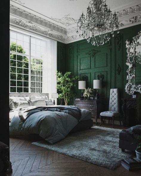 Emerald Green Rooms, Emerald Bedroom, Emerald Green Bedrooms, Slytherin Room, Green Bedroom Decor, Sage Green Bedroom, Interior Design Per La Casa, Dark Home, Hus Inspiration