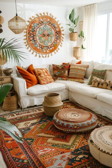 Home Bohemian Style, Cute Boho Living Room, Vibrant Gallery Wall, Vintage Boho Living Room Decor, Boho Living Room Neutral, Living Room Mexican Style, Boho Mexican Decor Living Room, Mexican Inspired Living Room, Colourful Boho Living Room