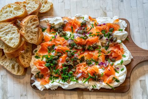 Smoked Salmon Cream Cheese Board Lox Board Smoked Salmon, Smoked Salmon Cheese Board, Cream Cheese And Lox Board, Salmon Board Smoked, Cream Cheese Smoked Salmon Board, Cream Cheese Board With Salmon, Smoked Salmon Butter Board, Cream Cheese Salmon Board, Smoked Salmon Bagel Board