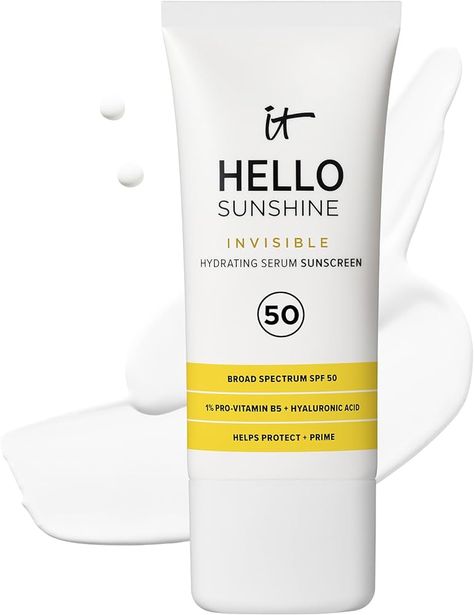 Amazon.com: IT Cosmetics Hello Sunshine Invisible Sunscreen for Face SPF 50 - Sunscreen, Hydrating Serum & Makeup Primer - 1% Pro-Vitamin B5 & Hyaluronic Acid - HSA/FSA Eligible - No White Cast - 1.69 fl oz : Beauty & Personal Care Sunscreen Primer, Serum Makeup, Face Spf, Sunscreen For Face, Daily Sunscreen, Facial Sunscreen, Vitamin B5, Hydrating Serum, It Cosmetics