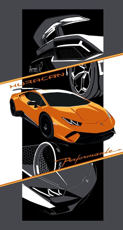This is a flat, stylised poster of an angular, orange Lamborghini car, with grey close up details in the background above and beneath (the rear wing, a wheel, an exhaust pipe and a headlight), as well as an orange frame with the words Huracán and Performante inside, which are the names of the particular model. Super Car Poster, Lamborghini Illustration, Car Artwork Wallpaper, Lamborghini Huracan Wallpapers, Car Design Poster, Lamborghini Art, Supercar Poster, Lamborghini Poster, Lamborghini Design